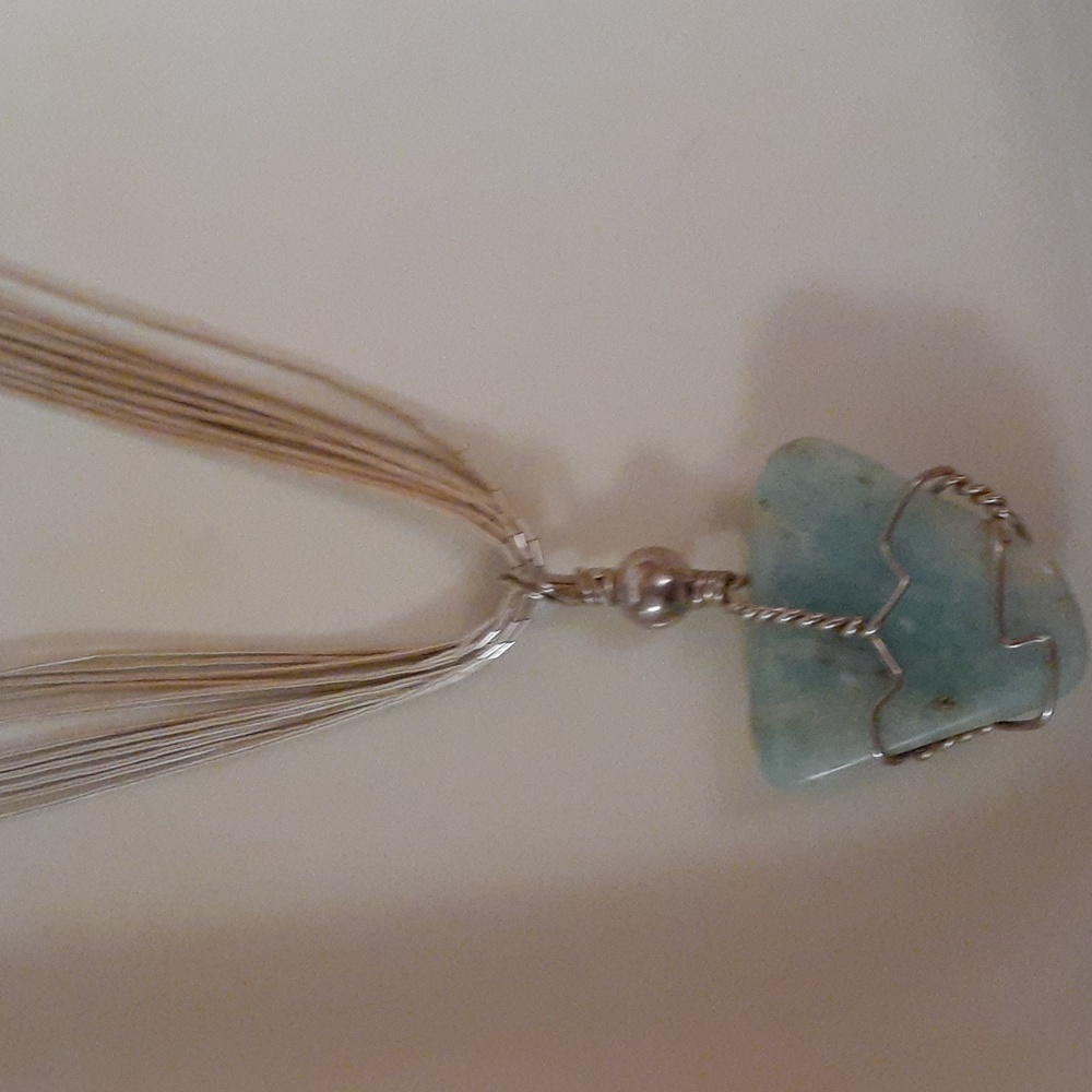 southwest style liquid silver strand necklace with a turquoise pendant - Picture 2 of 5